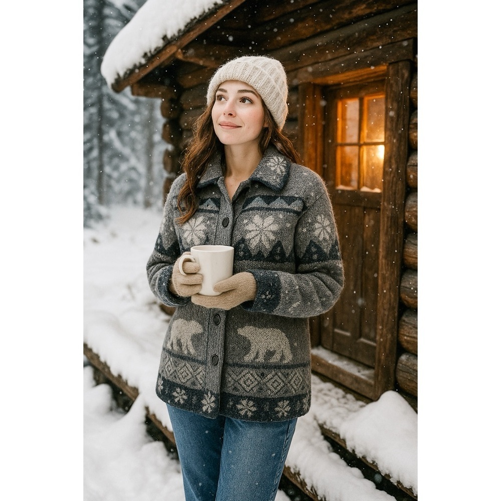Sonoma‎ Wool Blend Knit Jacket M Polar Bear Snowflake Cabin Core Cozy Casual